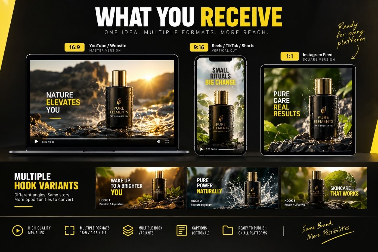 AI video ad deliverables in 16:9, 9:16 and 1:1 with alternate hook variants