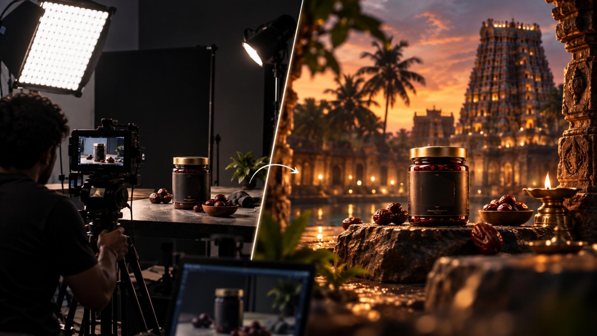 AI video ad production combining a filmed product plate with a generated environment in Chennai