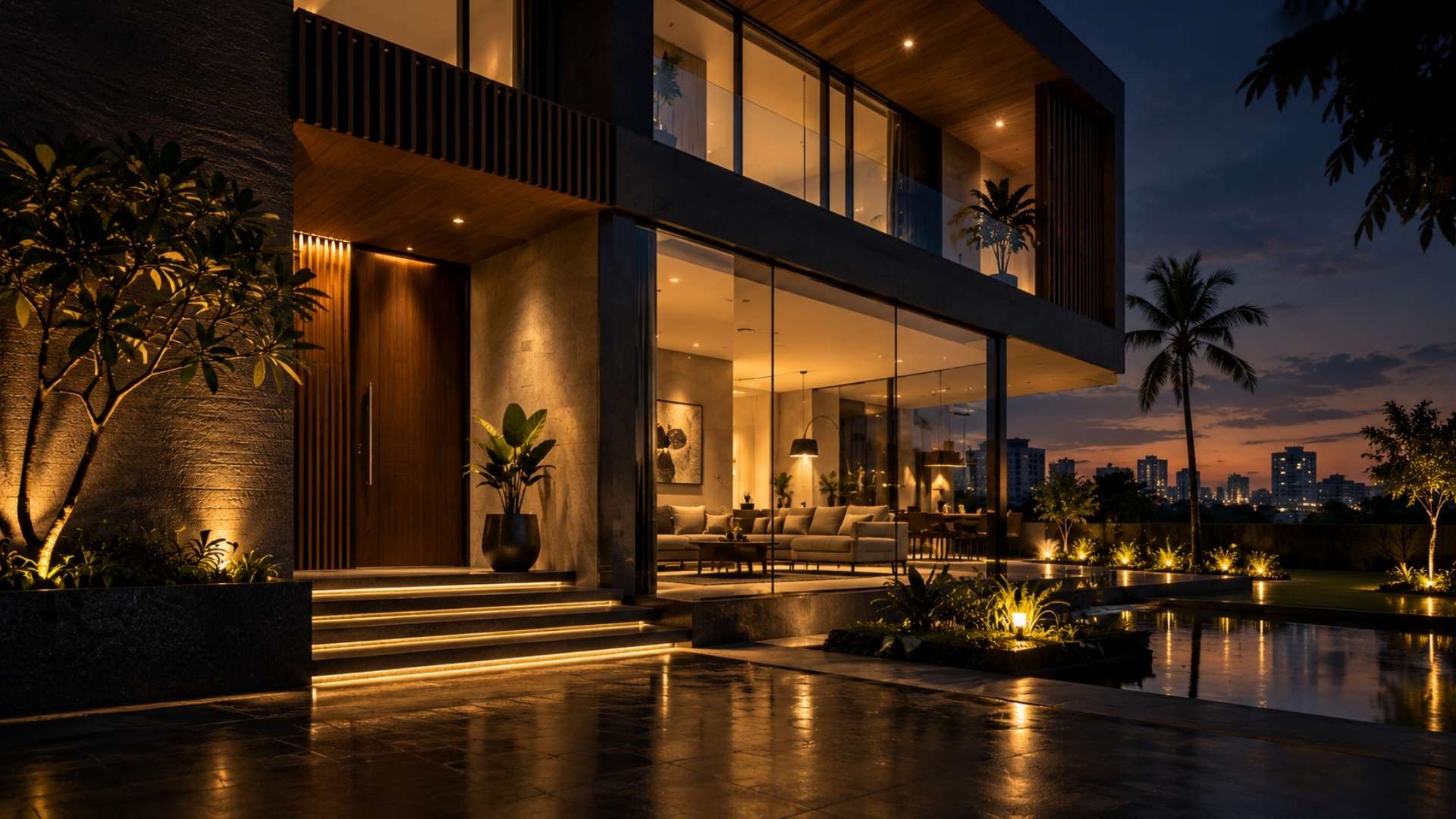 Architectural and interior photography of a Chennai property at twilight