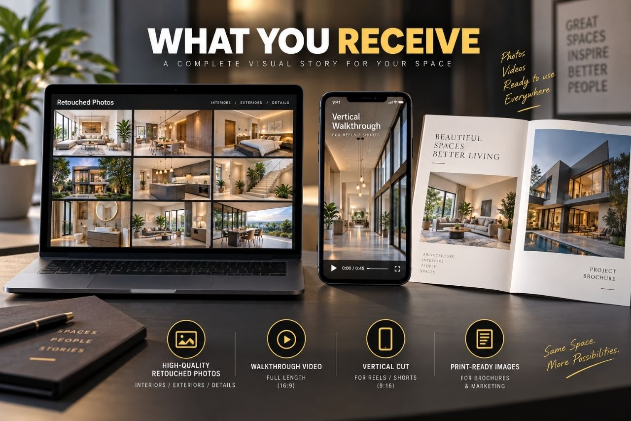 Retouched architectural photography set with walkthrough video and vertical cut deliverables