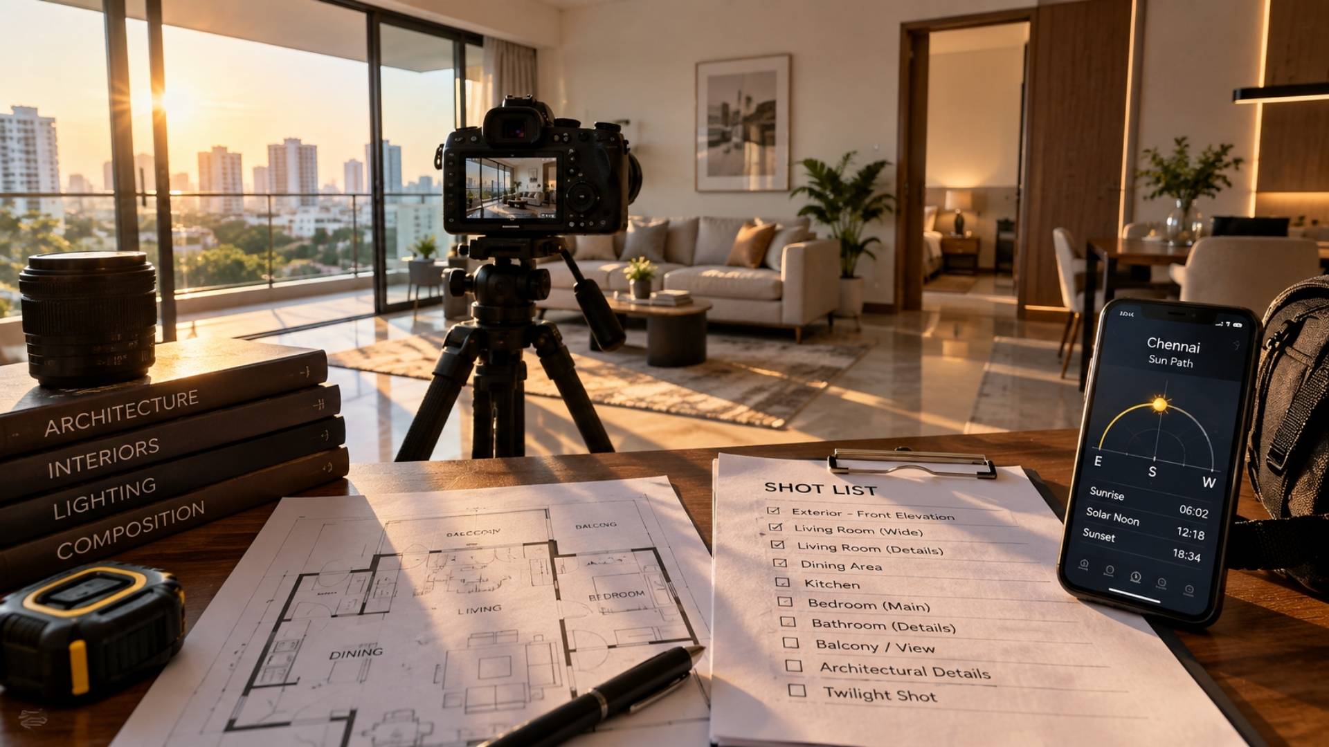 Camera on a tripod and shot list during an architectural photography recce in Chennai
