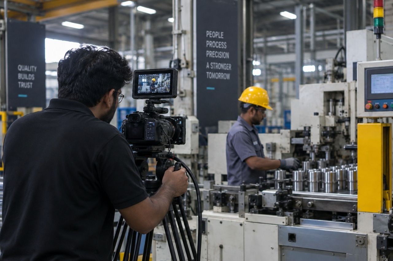 Cameraman filming machinery for a company profile video at a factory in Chennai