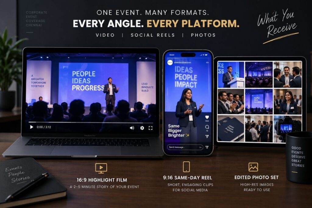 Corporate event highlight film, same-day reel and edited photo set deliverables
