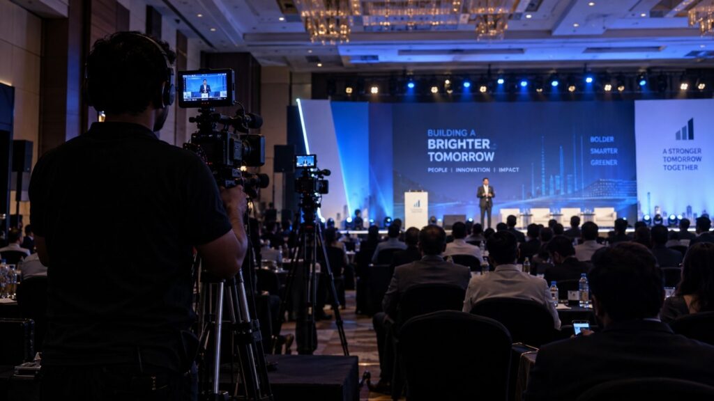 Corporate event photography and videography crew filming a conference stage in Chennai