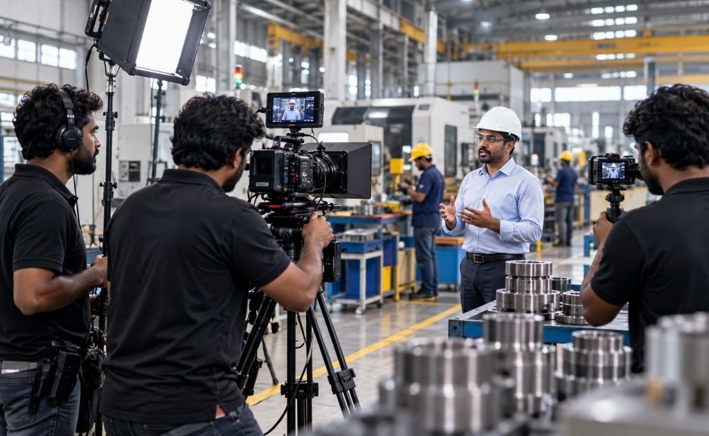 Corporate film crew shooting factory footage in Chennai