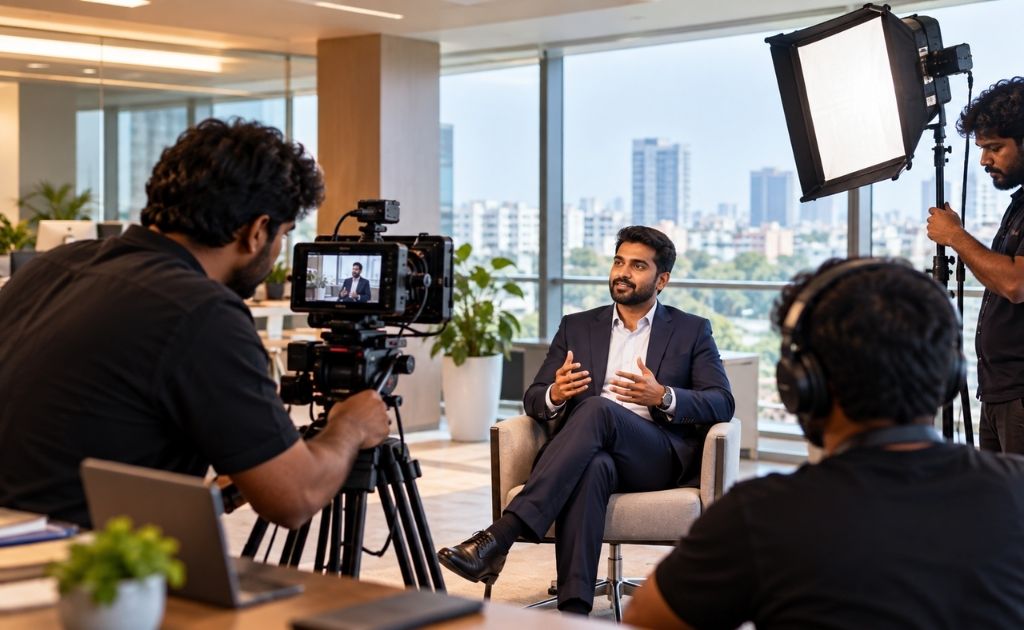 Corporate video production team filming an office interview in Chennai