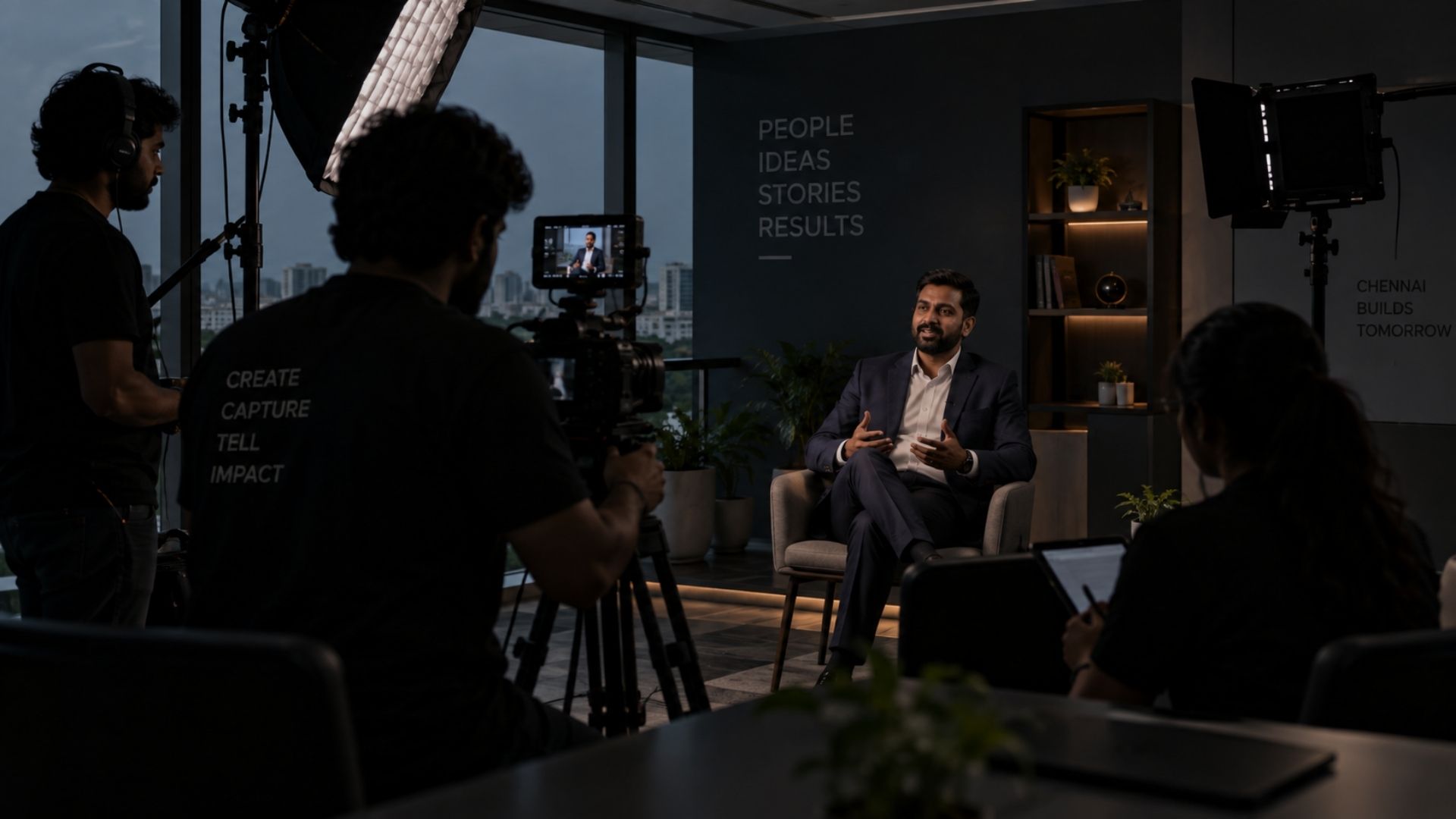 Corporate video production crew filming an interview at a company office in Chennai