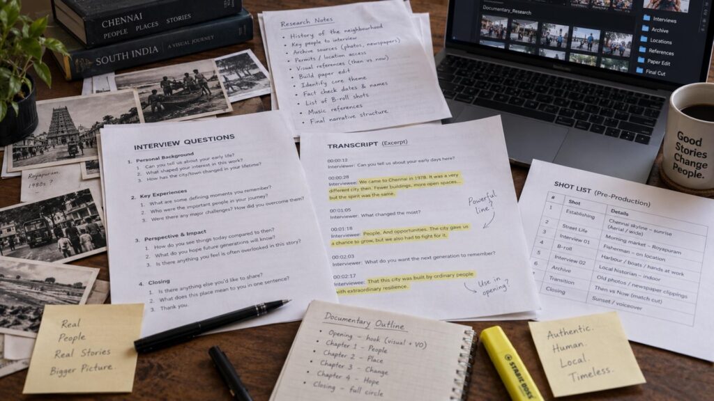 Documentary research notes, interview questions and transcripts planned before filming