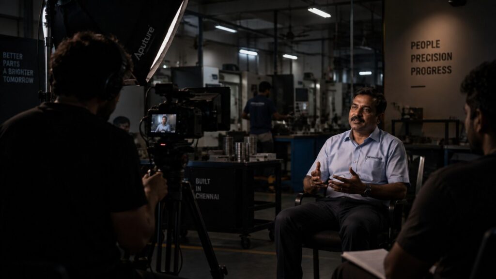 Documentary video production crew filming a founder interview on location in Chennai
