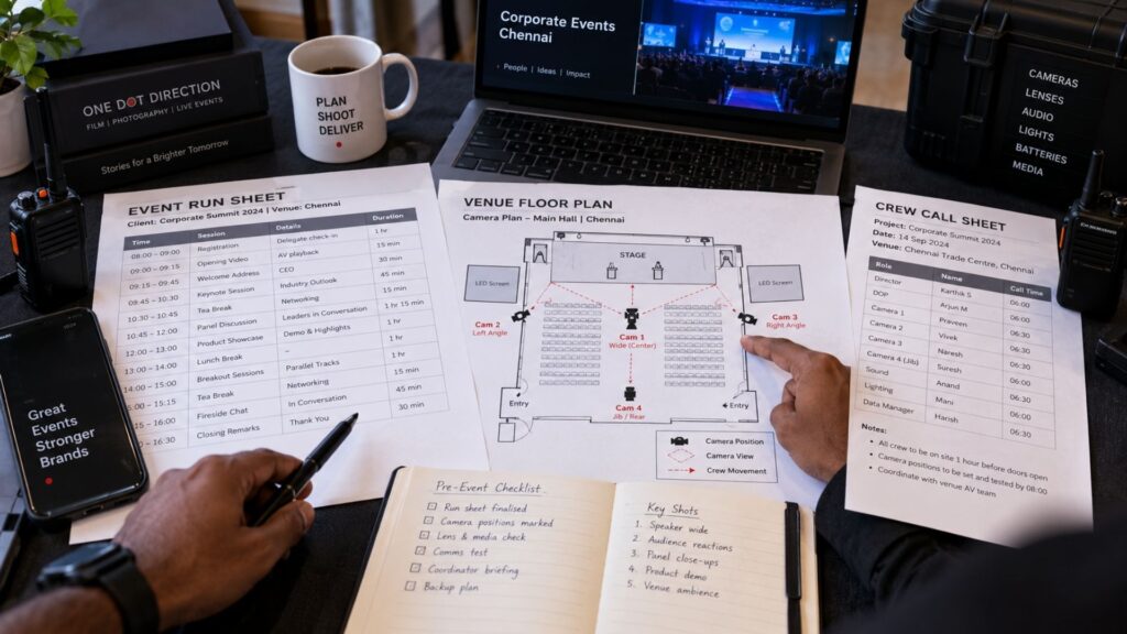 Event run sheet and camera plan being reviewed before a corporate shoot in Chennai