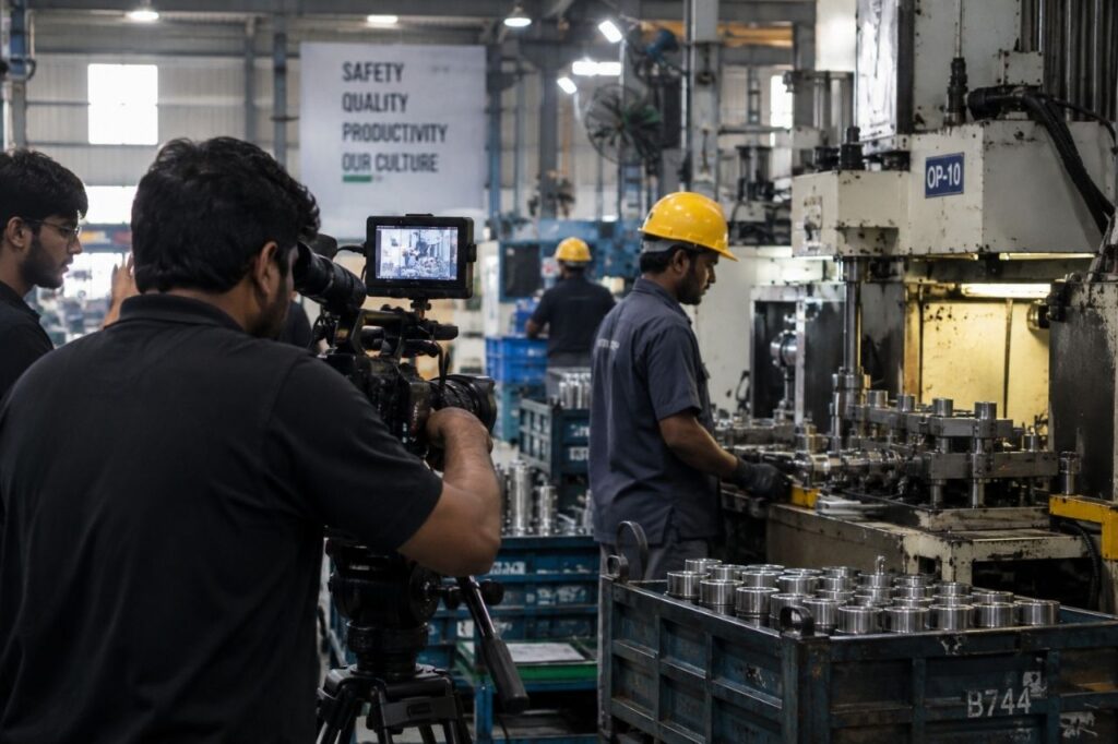 Documentary film crew filming a factory process for an industrial documentary in Chennai