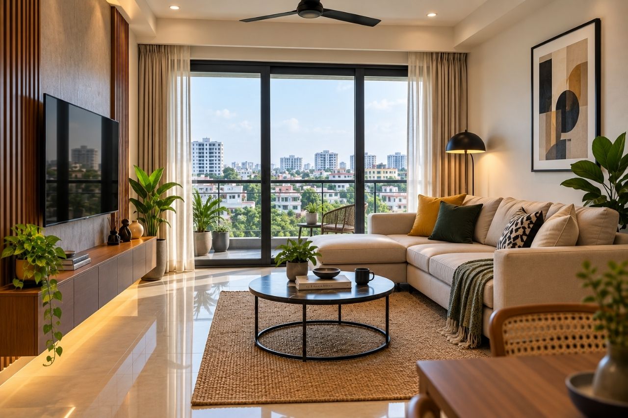 Interior photography of a styled living space with daylight in Chennai