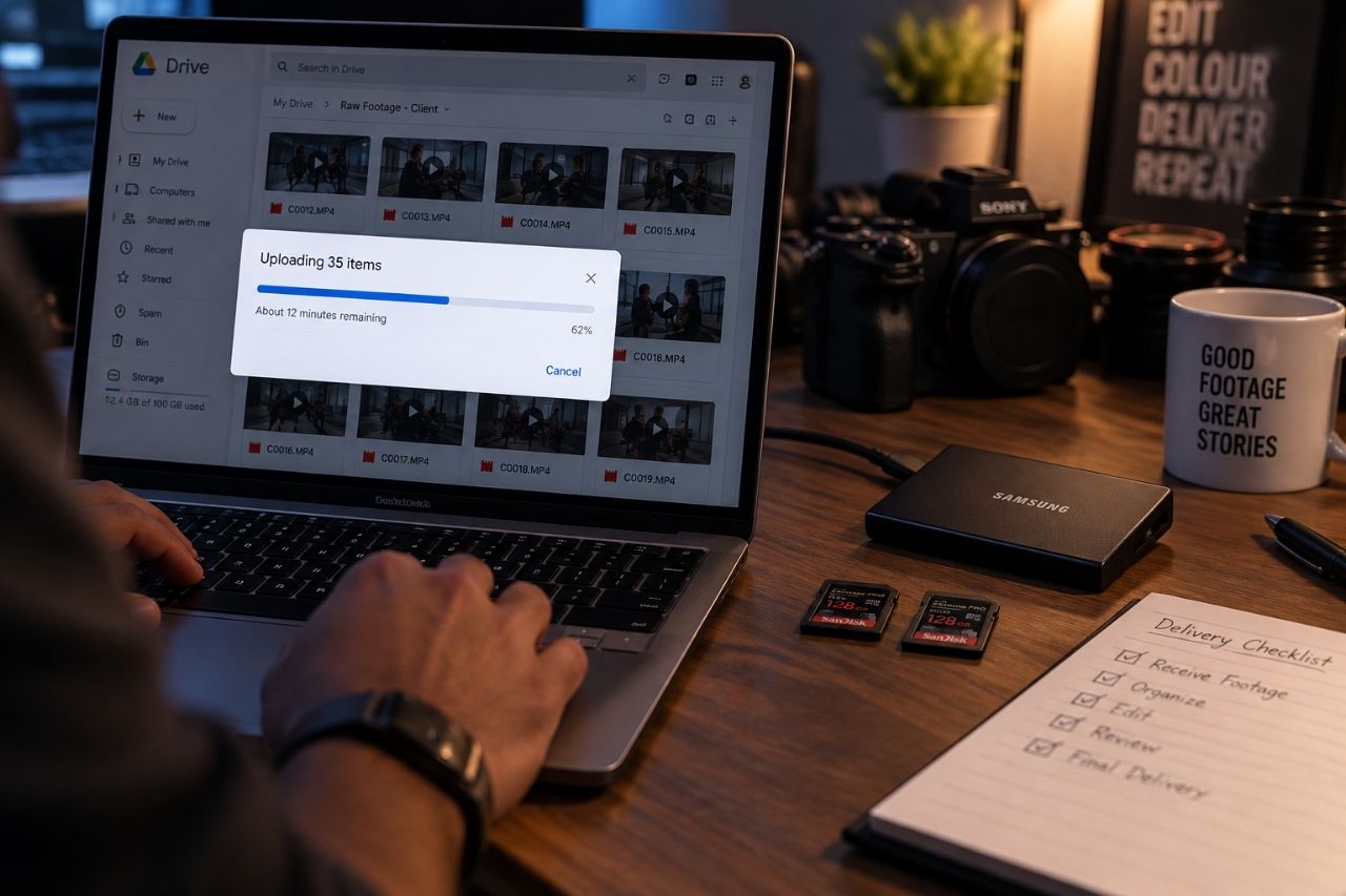 Raw footage being uploaded to a video editor in Chennai from a laptop and SSD