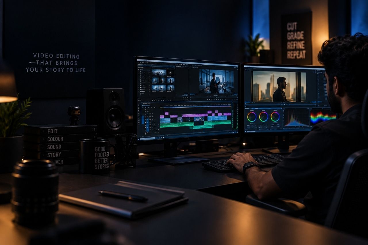 an editor editing videos in the best video editing service in chennai