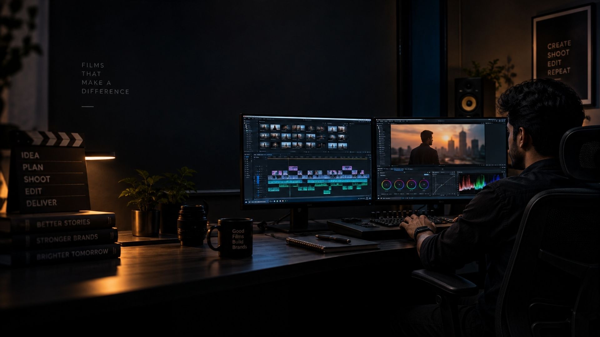 Video editor grading footage in an edit suite in Chennai